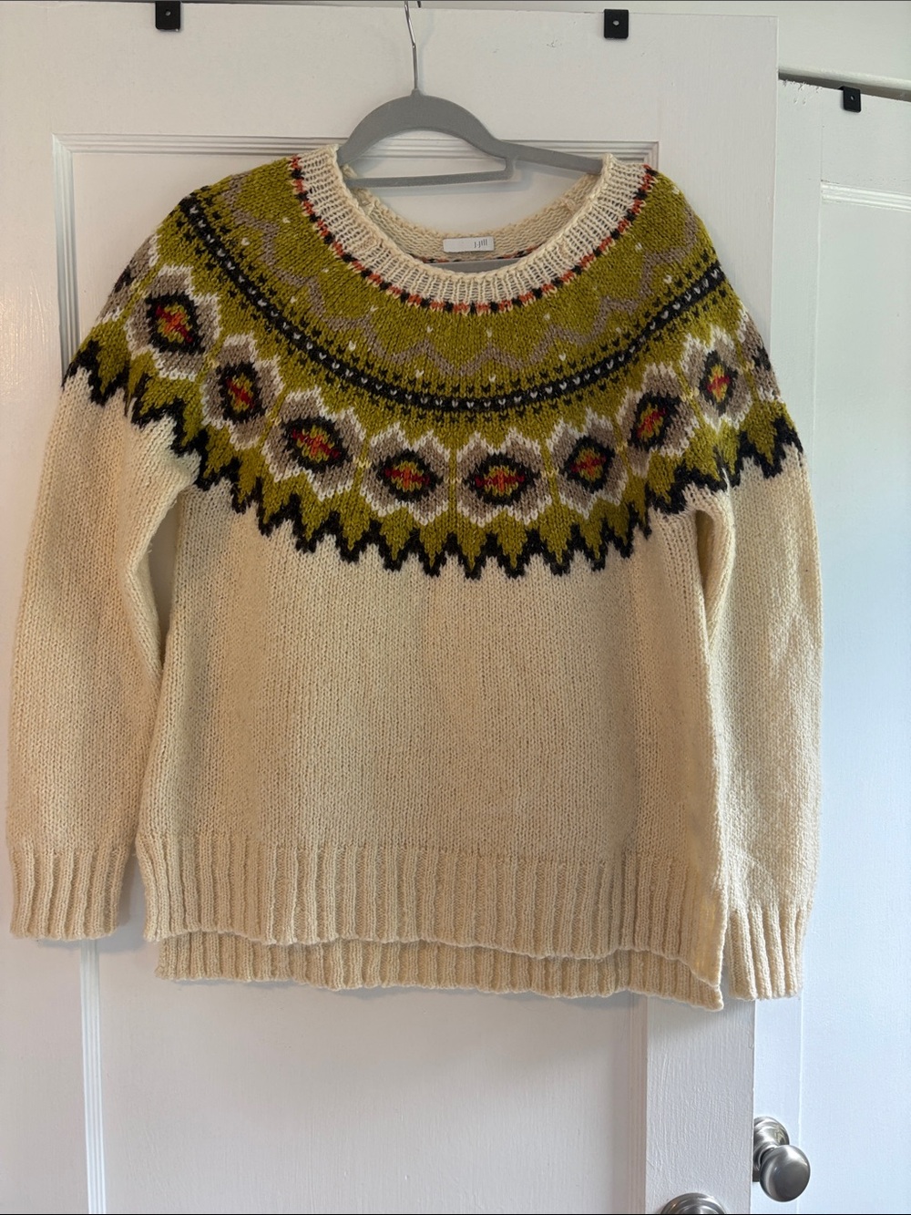 J. Jill Cream Fair Isle Yoke Crew Sweater with Olive and Black Accents